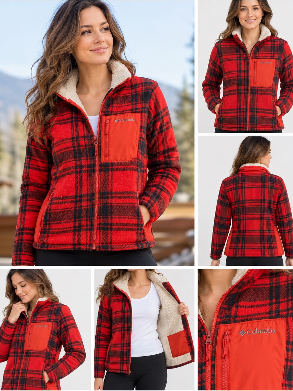 Columbia Women’s Large Red Plaid Sherpa Lined Fleece Full Zip Jacket